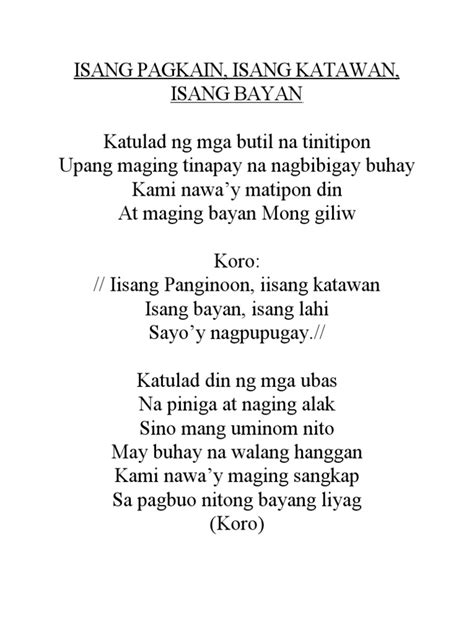 isang pagkain isang katawan lyrics|Isang Pagkain, Isang Katawan, Isang Bayan.